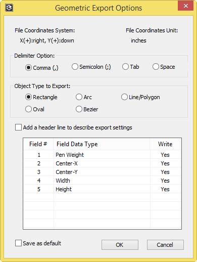 Geometric Export Options dialog box
